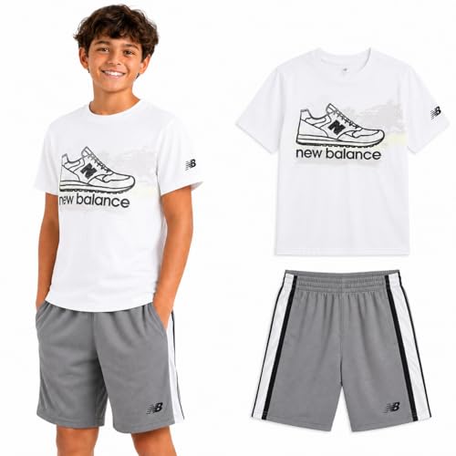 Image of New Balance Boys Athletic Shorts Set - 2 Piece Cotton Blend Jersey Shirt and Active Basketball Shorts for Boys