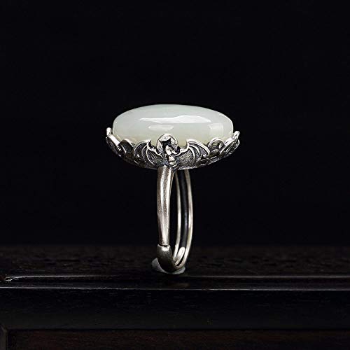 Bague pour femme réglable en jade naturel et argent S925 style rétro