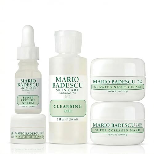 Mario Badescu Good Skin Is Forever & Ageless 5-Piece Set Cleansing Oil Peptide Serum Seaweed Night Cream Collagen Mask & Eye Cream for Hydrated Smoother-Looking Skin