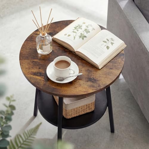 INHABIT UNION Beistelltisch Rund 2 Etagen, Couchtisch Rund Klein aus Holz, Runder Beistelltisch im Vintage Stil für Wohnzimmer & Schlafzimmer, Rustikal Braun – Bild 5