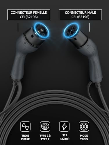 bokman type 2 câble de recharge voiture electrique phev, mode 3 / 32a / 22kw / triphasé / 5 mètres, câble de charge rapide hybride plug in de voiture de véhicule électrique de type 2 de type 2