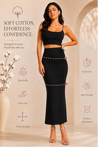 Image of Stretchable Cotton Saree Shapewear Petticoat for Women | Breathable Saree Shaper with Drawstring & Side Slits | Seamless Inskirt Petticoat for Saree Lehenga Gown | S-5XL