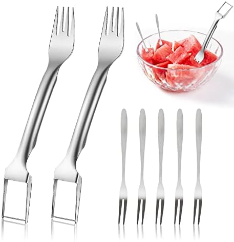 2-In-1 Watermelon Fork Slicer Set, 2pcs Dual Head Summer Watermelon Fruit Cutter with 5pcs Stainless Steel Fruit Forks, Portable Watermelon Slicer Cutter for Home Party Camping