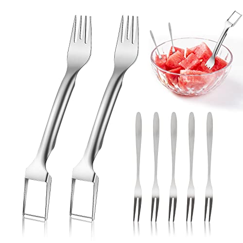 2-In-1 Watermelon Fork Slicer Set, 2Pcs Dual Head Summer Watermelon Fruit Cutter With 5Pcs Stainless Steel Fruit Forks, Portable Watermelon Slicer Cutter For Home Party Camping #TOP3