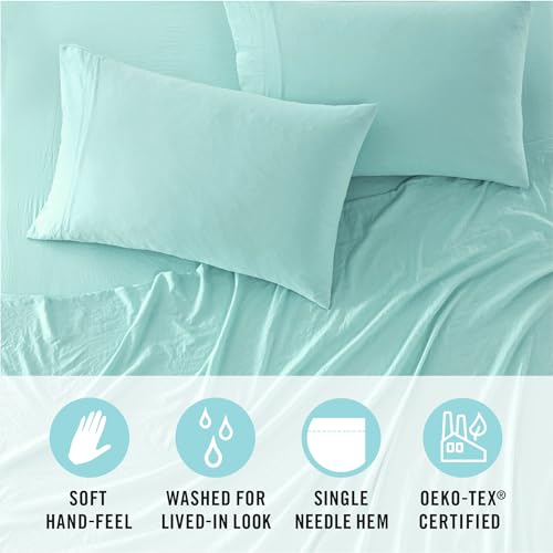 Martha Stewart Ultra Soft Brushed and Washed Microfiber 4 Piece Sheet Set, Easy Care, Comfy Bed Sheets with Deep Pocket up to 16", 1 Flat and 1 Fitted Sheet, 2 King Pillowcases, Cal King Size, Aqua by Martha Stewart - Image 2