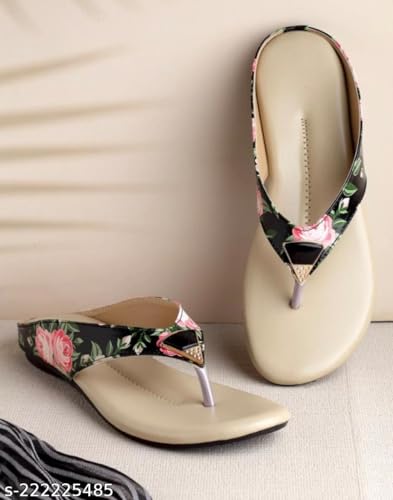 Image of KM Footwear Women and Girls Fashion Flats Sandals Fashion Casual Stylish Decent Trendy Flower Printed Sandals Slippers Footwear Chappal
