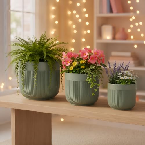 Image of Xtore Verde Ceramic Ribbed Planter Set | Soft Tone Vertical Groove Plant Pots for Home, Office & Living Room Decor - (Set of 3, Green, Planter ONLY)