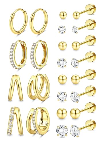 Jstyle 低刺激性 14K 金メッキ スタッド フープイヤリング レディース メンズ サージカルステンレススチール フラットバック イヤリング スモール ハギーフープ 軟骨イヤリングセット 複数のピアスジュエリーギフトに, 10 millimeters, ステンレス鋼, キュービックジルコニアの商品画像（Amazon）