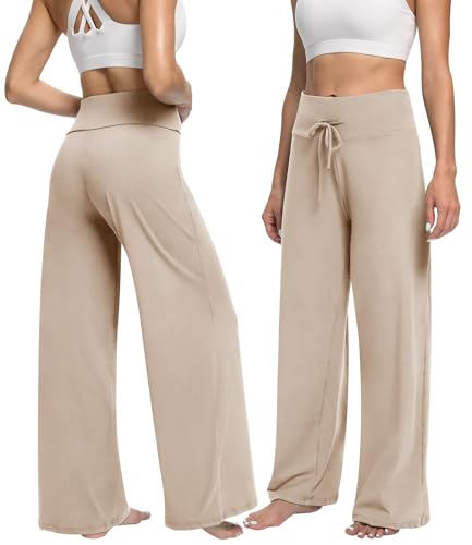 Image of ZOOSIXX Wide Leg Pants for Women, Flowy Palazzo Yoga Pants Lounge Comfy Casual Drawstring Maternity Trousers 22 inch / 30 inch
