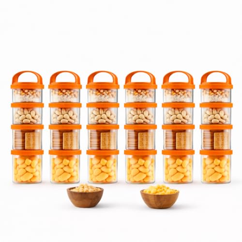 Image of GROB StackIt 4-Layer Stackable Snack Container with Handle | Airtight Food Storage Jar | Multipurpose Dry Fruit, Biscuit & Namkeen Box | BPA Free Plastic | Travel & Kitchen Storage (Pack 6)