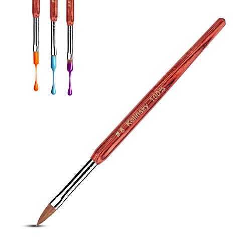 100% Pure Kolinsky Acrylic Nail Brush, Nail Art Brush for Acrylic Powder Professional Application Drawing Salon Crimped Shaped Red Wooden Handle, Size 8