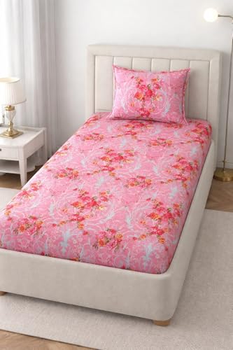 Image of Jashan Glace Cotton 220 TC Single Bedsheets for Summer Soft Breathable Fabric Elegent Design Wrinklefree (Size-60 X 90 Inch) with 1 Pillow Covers (Size-17 X 27 Inche, Pink Flower)