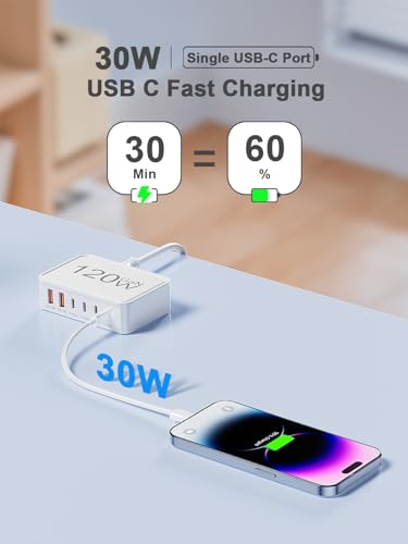 Image of Otovoda 120W USB C Charger Block, 6 Port USB Charging Station for Multiple Devices, 5FT Desktop Multi Charging Hub Compatible with iPhone Samsung ipad, for Travel Home Office