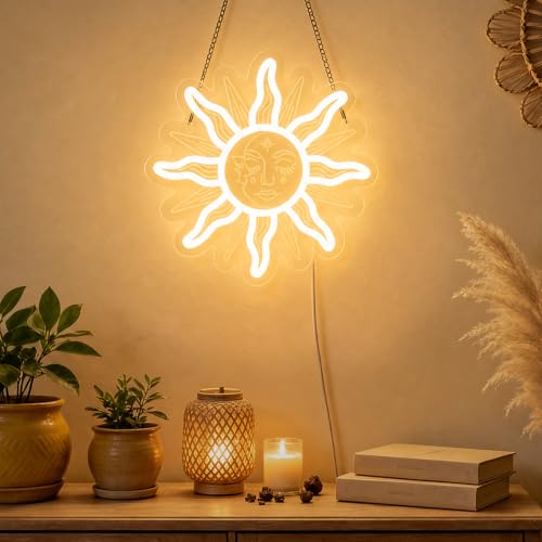 Image of Attivolife Sun Goddess Neon Sign, Dimmable Sun and Moon LED Light, Sunflower Eye Boho Aesthetic Wall Decor, USB Powered Tribal Art Lamp for Bedroom Living Room Dorm Women Boho Lovers Gift 11.8 inchx11.8 inch