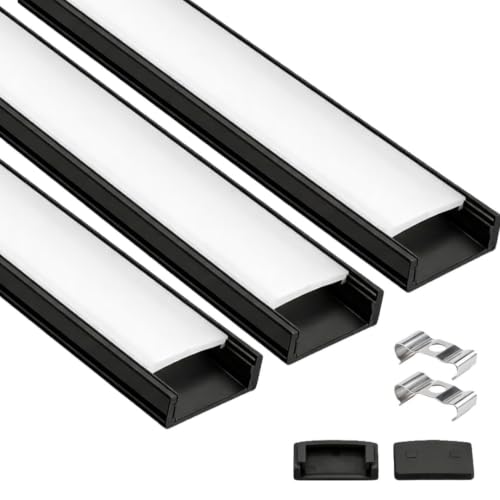 Image of Lighting (18x6mm) LED Strip Light 1Meter Black Aluminium Rectangular Surface Profile Light Channels with Diffused, Black End Caps and Mounting Clips Without LED Straight Linear (3)