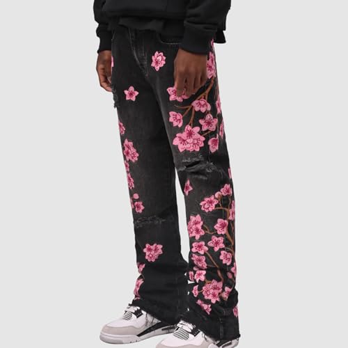 Men Floral Embroidered Ripped Jeans Vintage Distressed Baggy Straight Leg Denim Pants Hip Hop Trousers Streetwear2