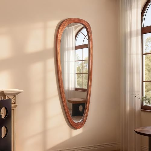 Image of Irregular Wall Mirror Full Length,60 inchx22 inch Large Asymmetrical Mirrors with Solid Wood Frame, Mid Century Modern Mirror Odd Shaped for Living Room, Entryway Hall, Bathroom(Natural Wood)