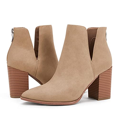 SERAIH Womens Pointed Toe Ankle Booties Stacked Mid Block Heel Cutout Back Zipper Shoes Faux Leather Boots4