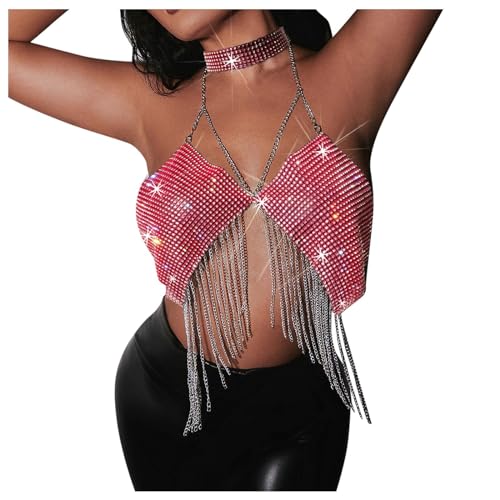 Crop Tops Mujer Lentejuelas Brillante Tops Lentejuelas Fiesta Chaleco Monocolor Sin Mangas Tank Tops Lentejuelas Tirantes Ajustables Top Sexy Tirantes Espaguetis Blusa, Rosa caliente., Tallaúnica