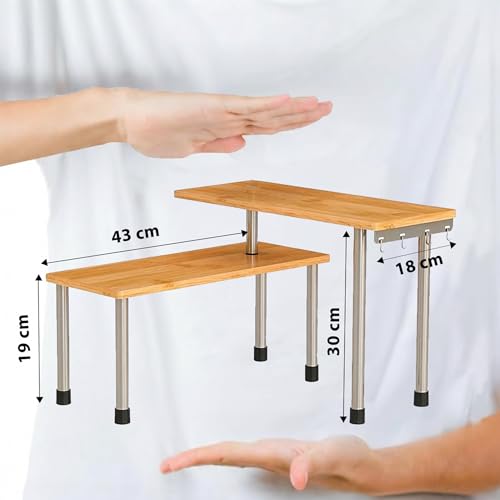 Image of ABJA Premium Kitchen Counter Top Organizer, Shelf Rack for Kitchen Storage, Wooden Corner Shelf, 2 Tier Spice, Oil Stand, Tabletop Adjustable Rack (Golden Brown, 2 Tier)