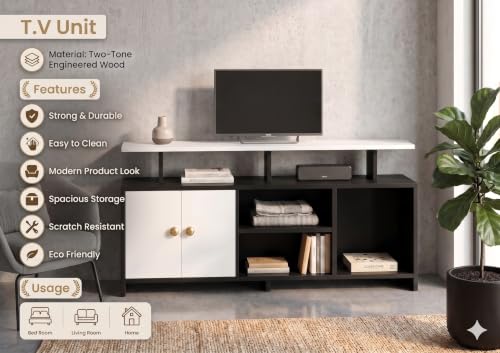 Image of Spyder Craft Marbay Engineered Wood TV Entertainment Unit Stand Setup Box /Tv Cabinet with with Adjustable Shelf, TV Console Table, Media Console Black & White (DIY-Do It by Your Self)