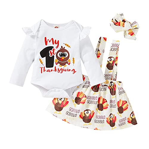 Image of Sinhoon Infant Baby Girl Thanksgiving Outfit My First Thanksgiving Romper Turkey Suspender Skirt with Headband Clothes Sets(White-A,0-3 Months