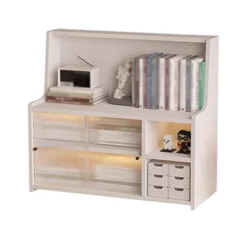 Estantería de madera de varios pisos con puertas correderas de gabinete, soporte de exhibición blanco para nización y almacenamiento de oficina