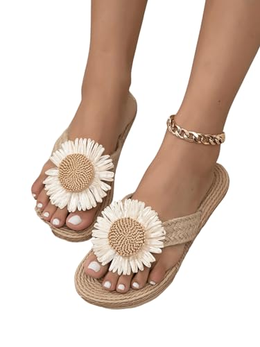 OYOANGLE Women's Floral Decor Open Toe Linen Flip Flops Slipper Summer Vacation Slip on Slide Sandal2