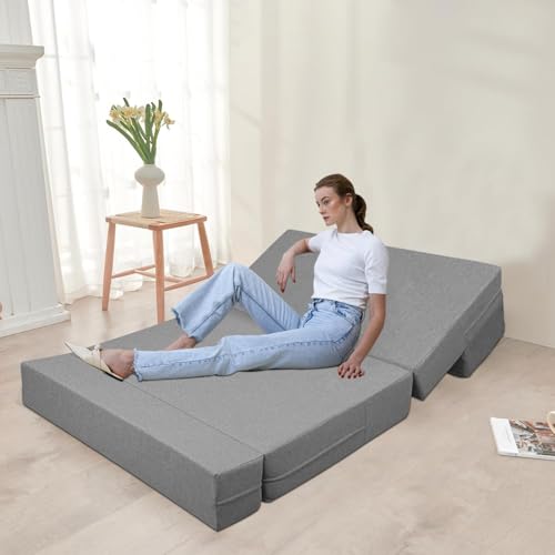 Image of Rosebell-3x6 Feet One Seater Foldable Sofa Cums Bed Jute Fabric Sofa Bed with Washable Cover & One Cushion | Ideal for Home & Office Guests - Grey