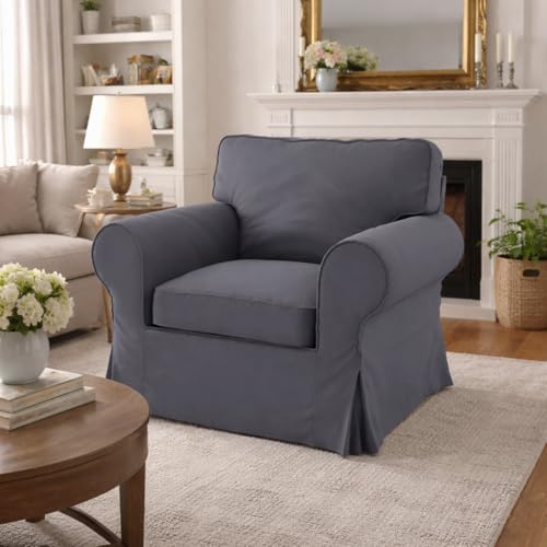 Image of Cotton Ektorp Chair Cover Compatible with IKEA Armchair Sofa Slipcover | Heavy Duty Cotton Ektorp Chair Cover Replacement Only Dark Gray Color