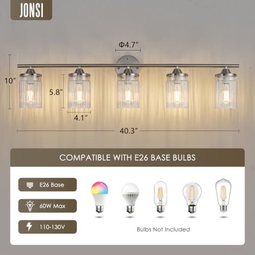 Image of Jonsi Nickel Bathroom Light Fixtures 5-Light Vanity Lights Modern Wall Sconce with Clear Glass Shade Brushed Nickel Bathroom Light Fixture Over Mirror for Bedroom Hallway Kitchen