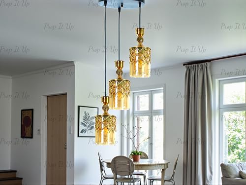 Image of Prop It Up Pineapple Pendant Light, 3-Light Cluster, Gold and Luster Glass pandant Light for Bedroom, Decorative Lattice Design Hanging Light for Hall, Dining Room Chandelier Bulb Not Included