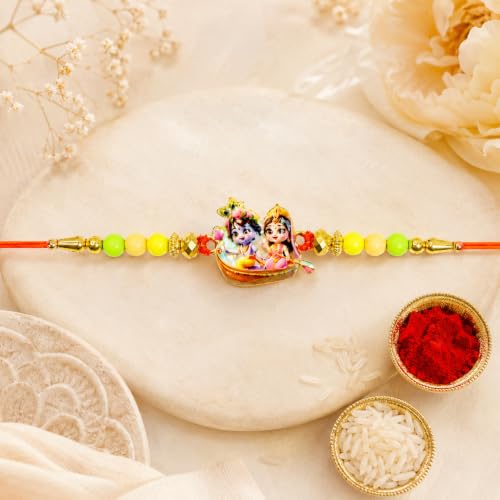 Image of Oblivion Rakhi For Brother Set of 1 - Elegant Krishna Ji With Beads Thread Designer Rakhi with Silver Colour Coin, Greeting Card and Tilak Set - Traditional Raksha Bandhan Combo for Bhai (Pack of 4)