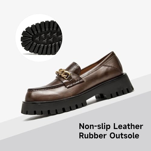 Image of BEAU TODAY Chunky Loafers for Women,Womens Platform Loafer Shoes,Chunky Heel Lug Sole Slip-on Metal Chain Shoes,Comfort Round Toe Business Work Office Shoes