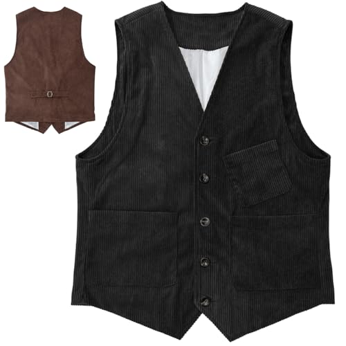 HUIQINGLI Men's Vintage Corduroy Waistcoats Sleeveless Slim Fit Casual Classic Button Down V-Neck Waistcoat with Pockets
