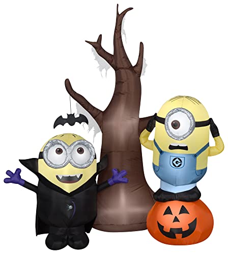 Gemmy Minions Halloween Inflatable Scene 5.5 Ft Tall Lighted Universal Yard Decoration with Tree and Pumpkin Outdoor Decor with Stakes and Tethers