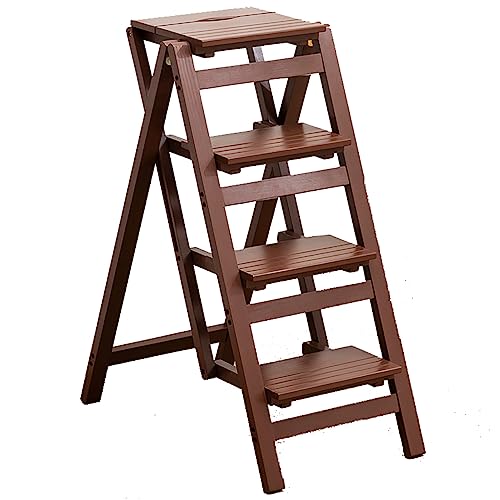 LUXBUT Massivholz Klappstuhl, Klappleiter Treppe, Multifunktionale Dekorative Leitern, Für Home Library Küche, Blumenregale, Bibliotheksleitern,Coffee Color,L