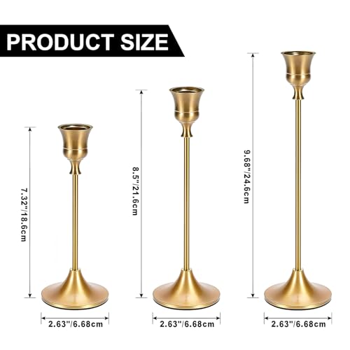 Luxvara Kerzenständer Stabkerzenhalter 3er Set, Metall Kerzenhalter Stab, Vintage Dekorativer Kerzenhalter, Kerzenleuchter Candle Holder für Party Hochzeit Deko Wohnkultur, 23/20/17 cm (Gold) – Bild 3