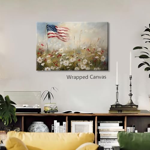 Image of American Flag Canvas Wall Art, 4th of July Patriotic Poster Print, USA Flag and Wildflower Field Landscape Picture, Rustic Independence Day Wall Decor for Bedroom Living Room 24x36in Framed