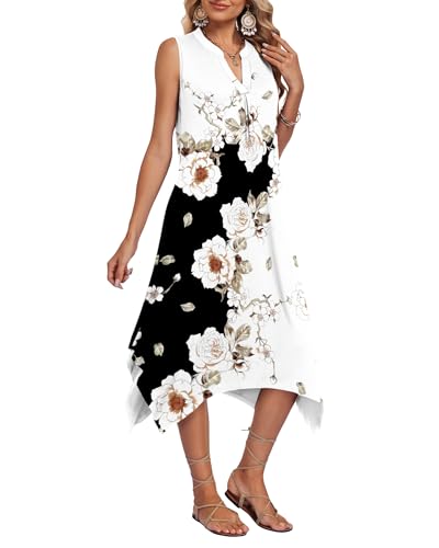Image of AUSELILY Womens Summer Midi Dress V Neck Sleeveless Casual with Pockets | Flowy womens summer dress with asymmetrical hem, great for beach, vacation and daily wear