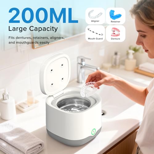 Image of Ultrasonic Retainer Cleaner Machine for Denture Mouth Guard Night Guard Aligner | 45kHz, 3 Smart Cleaning Modes, 6 Cleaning Tablets, 200ML Practical Capacity, Rechargeable, Cordless & Travel-Friendly