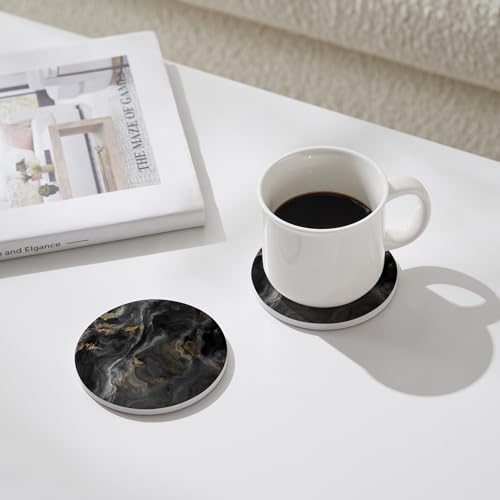 Image of Set of 6 Abstract Black Marble Coasters with Holder, Absorbent Ceramic Coasters for Drinks, Coasters with Cork Backing for Table Protection, Housewarming Gifts for New Home