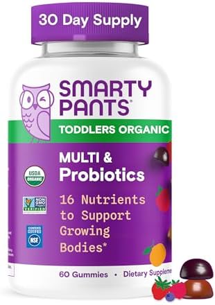 SmartyPants Organic Toddler Multivitamin Gummies: Probiotics, Omega 3 (ALA), Vitamin D3, C, Vitamin B12, B6, A, K & Zinc, Beta Carotene, Gluten Free, Three Fruit Flavors, 60 Count (30 Day Supply)