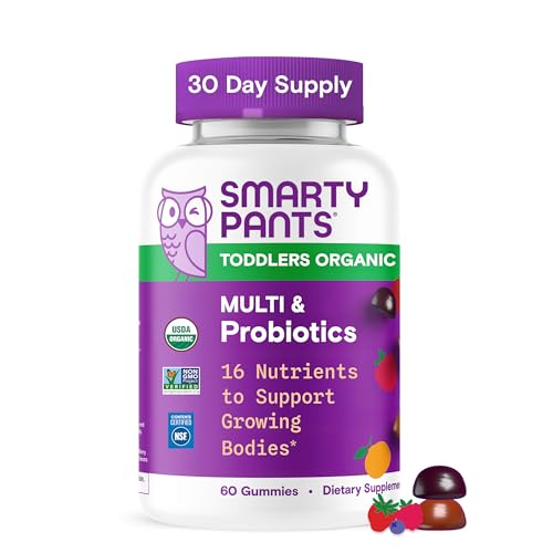 SmartyPants Organic Toddler Multivitamin Gummies: Probiotics, Omega 3 (ALA), Vitamin D3, C, Vitamin B12, B6, A, K & Zinc, Beta Carotene, Gluten Free, Three Fruit Flavors, 60 Count (30 Day Supply)