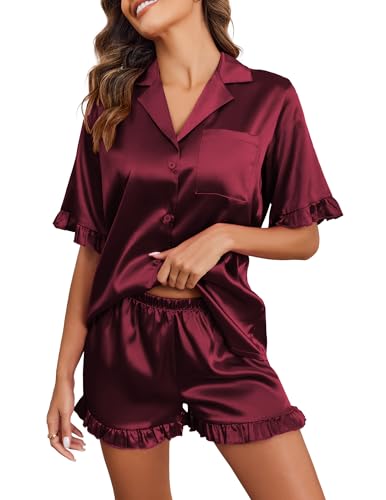 Image of Ekouaer Satin Pajama Set for Women Button Down Silk 2 Piece Pj Sets Ruffle Short Sleeve Sleepwear