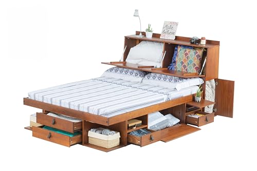 Memomad Set Bali Caramello: letto alla francese 140x200 + testiera 170 + rete a doghe. Letto e testiera in legno di pino massiccio con molto spazio di stoccaggio e cassetti, ideale per piccole stanze