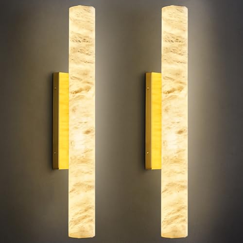 LMQNINE Natural Alabaster Wall Sconces Set of Two Spanish Marble Wall Light Cylinder Modern Gold LED Sconce for Living Room Bedroom Bathroo Stairs(M-2Pack) by LMQNINE - Used condition - US$525.34
