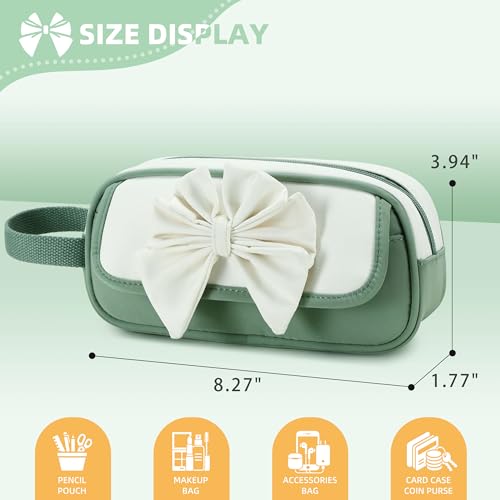 Image of Large Pencil Case for Girls Teens Kids School Zipper Pencil Pouch Green | Bowknot Organizer Pencil Bag Handle Aesthetic Big Pencil Box for School Supplies, Durable Metal Zipper, Large Capacity Design