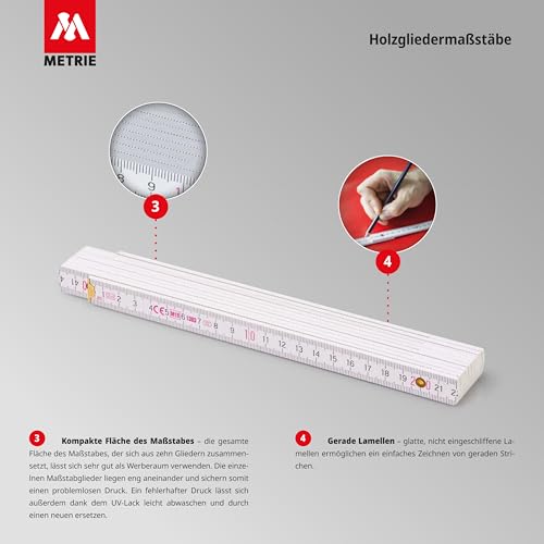 Metrie™ PERFEKT 10 Zollstock/Zollstöcke - Gliedermaßstab | Maßstab - 2m - Weiß - Duplex Teilung, Hergestellt in der EU - 10 stück