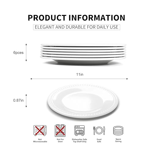 11inch Basic White Melamine Plastic Beaded Dinner Plate Set of 6, BPA Free, Chip & Break Resistant, Lightweight, Great for Dining, Weddings & Everyday Meals